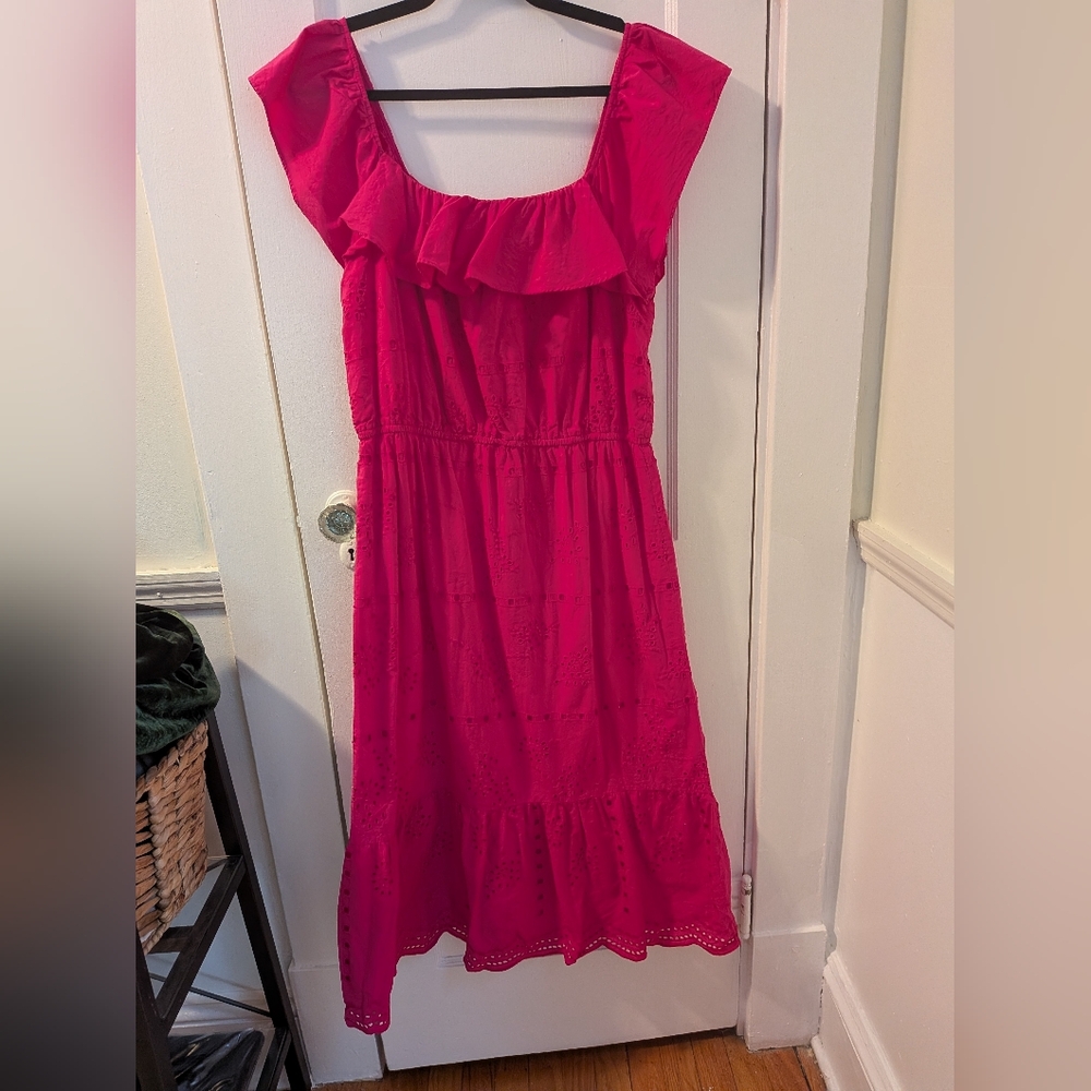 LOFT Bright Pink Ruffled Eyelet Summer Maxi Sundress - Size L